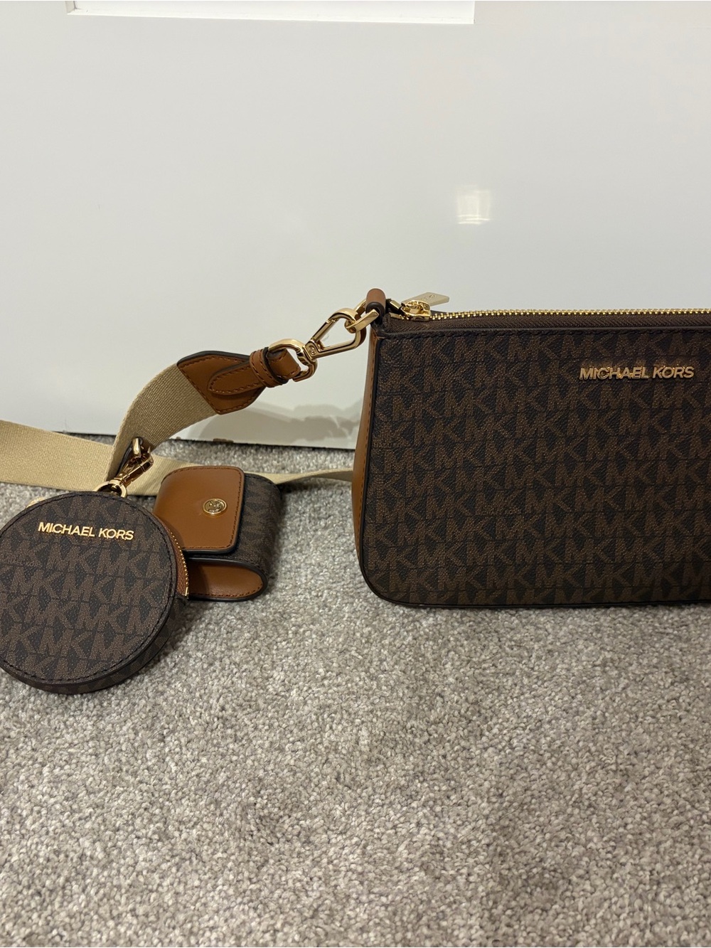 Michael Kors Dark Brown MK Monogram Crossbody Trio